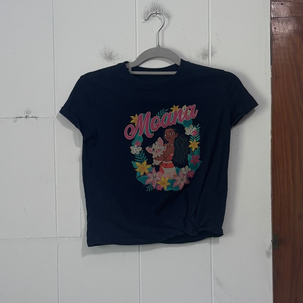 Abercrombie Kids Disney Moana Graphic Tee Navy Blue Side Tie Shirt Size 9/10